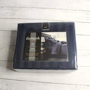 Damask Stripe King Size Duvet Cover Bedding Set 100% Egyptian Cotton Navy Blue